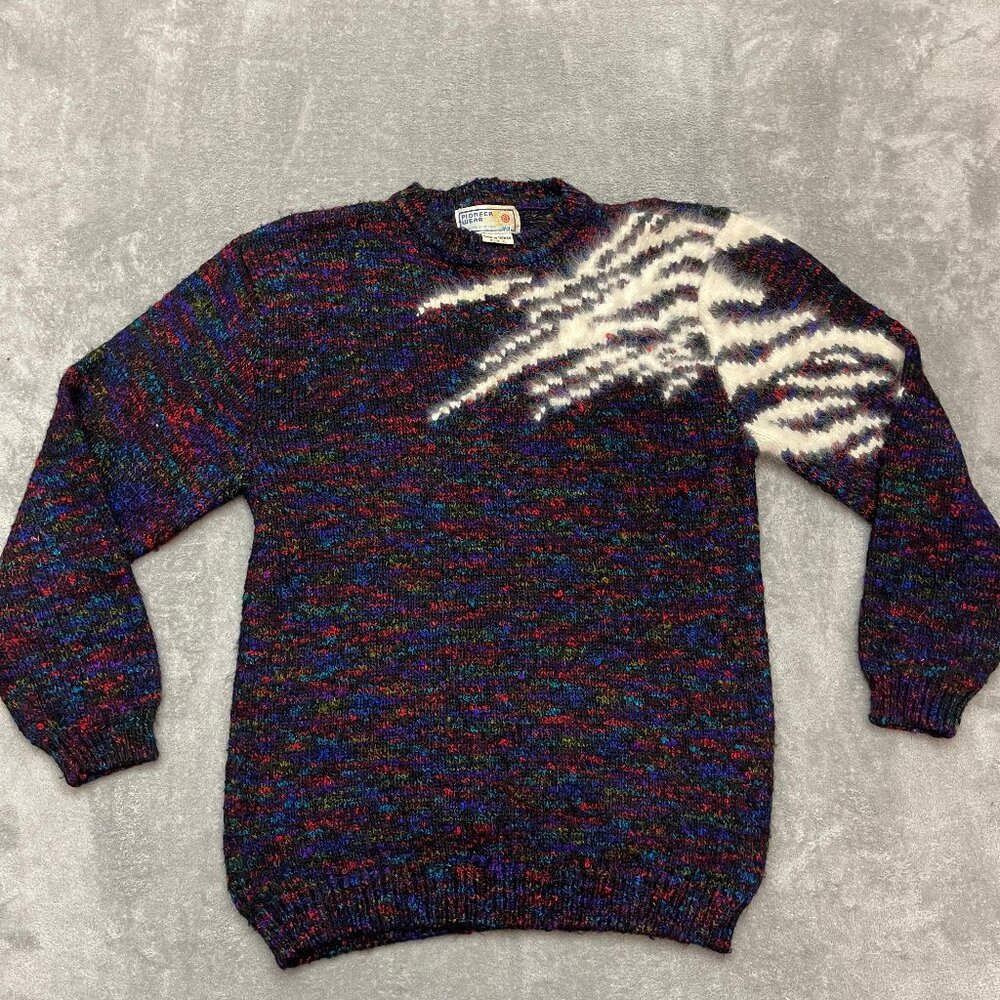 Vintage Pioneer Wear Sweater Womens Size Medium Black Multicolor Knit Pullover